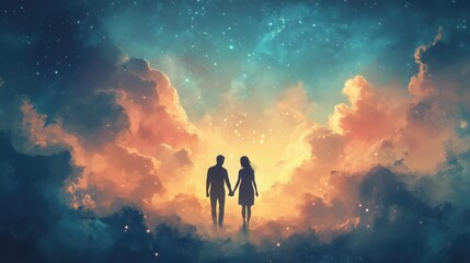 Fototapeta premium Illustration couple holding hands in dreamy sky cloud