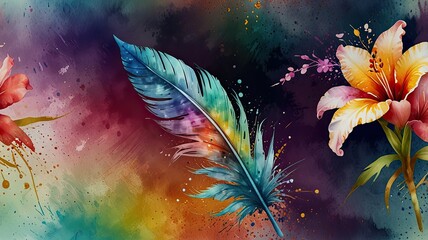 Obraz premium An artistic composition showcasing vivid flowers and a multicolored feather creating an energetic and colorful display of abstract beauty