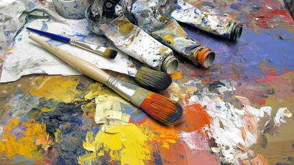 Fototapeta premium Paintbrushes and paint tubes resting on a colorful palette