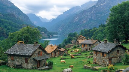 Alpine village scenes stone homes and livestock facing sudden cold snaps and harsh weather during the Piora climate shift