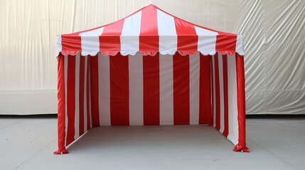 Red and white striped carnival tent standing in a large empty space