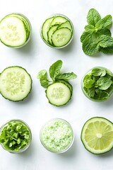 Obraz premium Arrangement of fresh cucumber slices, lime, mint, and homemade face mask on a white background promotes natural skincare