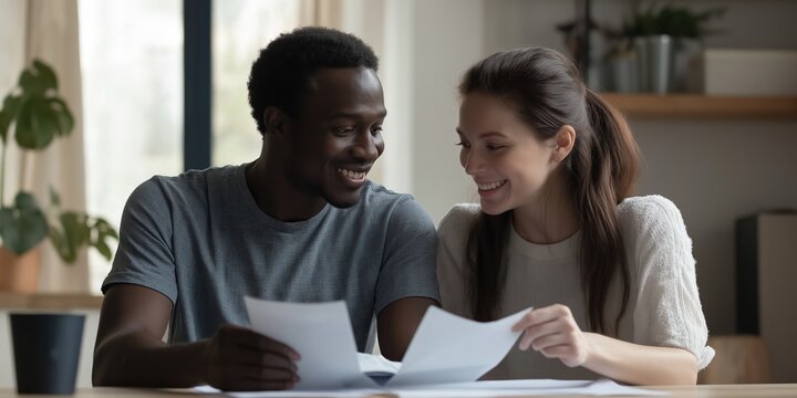 A couple sitting indoors, working together on a laptop, reviewing documents, discussing finances, and cooperation.