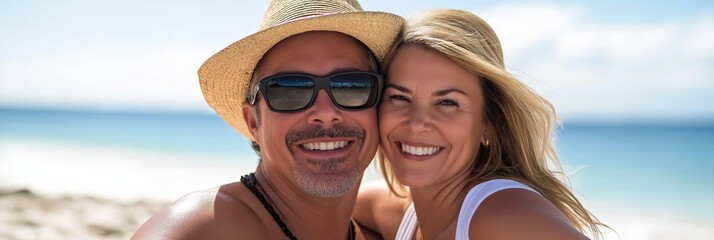 Fototapeta premium A man and woman are smiling and posing for a picture on a beach. The man is wearing sunglasses and a hat, while the woman is wearing a white tank top. Scene is happy and relaxed