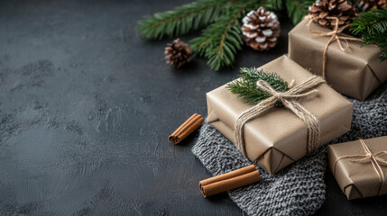 Fototapeta premium Beautifully wrapped holiday gifts with pinecones and cinnamon on dark surface