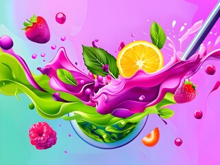 a vibrant smoothie blending abstract shapes and colors, where layers of fruits and greens swirl together, evoking energy and vitality