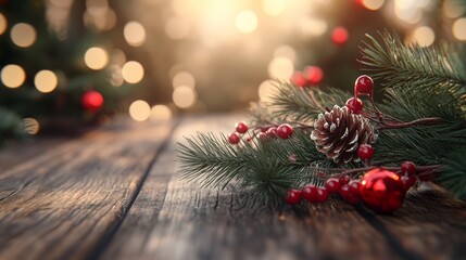 Christmas Tree Branch with Red Berries and Pine Needles on a Natural Background