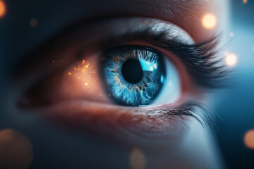 Close-up of a mesmerizing blue eye with intricate details and lights