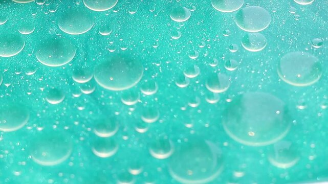 Una toma de cerca de varias burbujas de agua y aceite en movimiento en un fondo de color azul claro