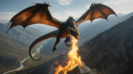 fire spitting dragon soaring over a mountain valley