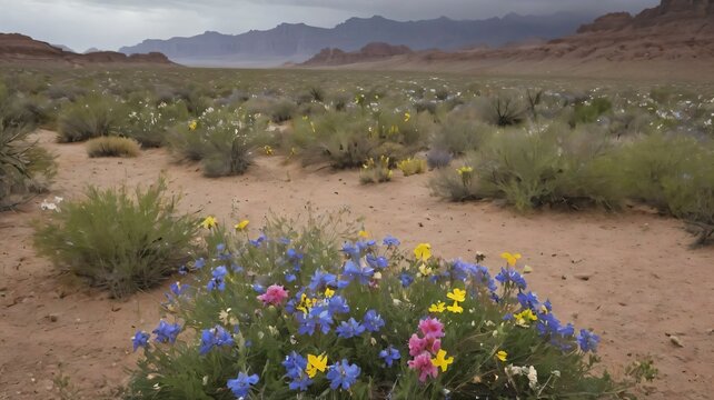 Desert landscape with wildflowers blooming after rain