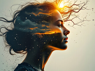 Abstract double exposure artwork of a woman's face representing sunshine vs rain