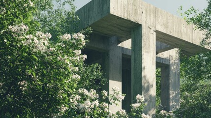 Naklejka premium Brutalist Park Pavilion - Ultra-Detailed 3D Render of Bold Concrete Structure Surrounded by Trees and Flowers