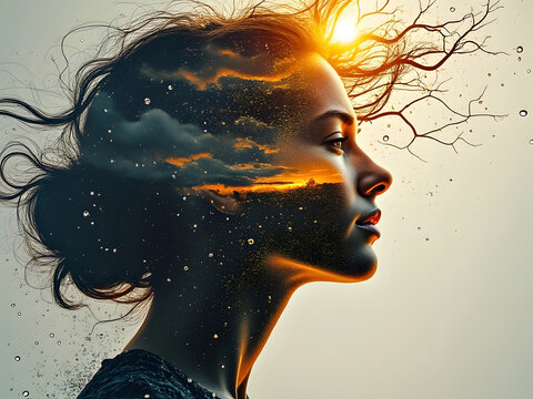 Abstract double exposure artwork of a woman's face representing sunshine vs rain