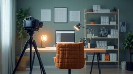 Workspace equipped with professional video camera and ring light for recording or streaming, alongside computer