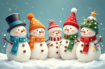 Fototapeta premium Five cheerful snowmen in different costumes, scarves and hats, one of the snowmen dressed as a Christmas tree, hugging and having fun. The snowmen are standing in the snow with falling snowflakes.
