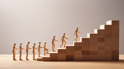 Wooden figurines on stairs symbolize career growth, teamwork, Success V6