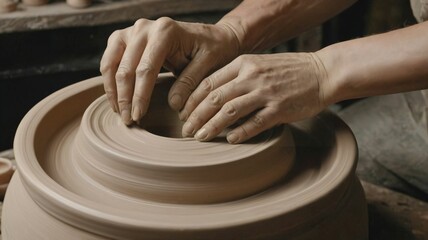 Close up of hands molding clay on a pottery wheel