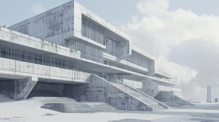 Modern Brutalist University Library Exterior in 3D Render - Inviting Students to Knowledge World