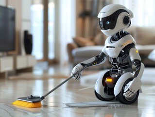 A home robot with wheels is cleaning the dirty floor with a broom