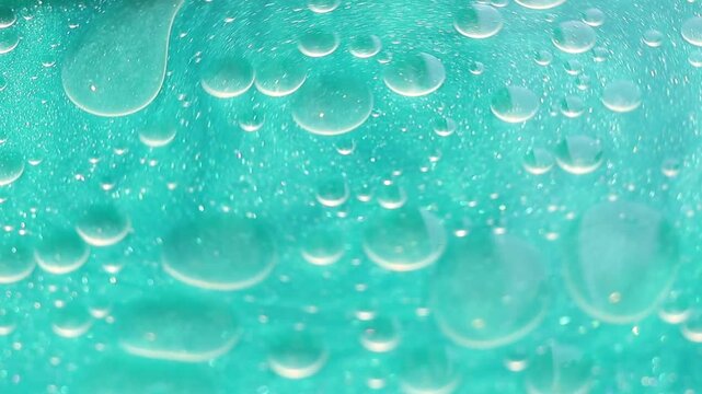 Una toma de cerca de varias burbujas de agua y aceite en movimiento en un fondo de color azul claro