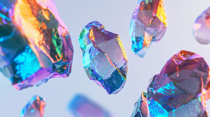 Colorful crystals floating against a light background with vibrant reflections