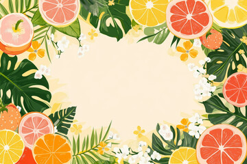 A vector illustration of a flat lay background featuring a summer-themed border with oranges, grapefruits, and flowers, with copy space in the center for text or design elements.