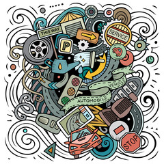 Auto Service cartoon vector illustration. Funny detailed composition with lot of Automotive objects and symbols