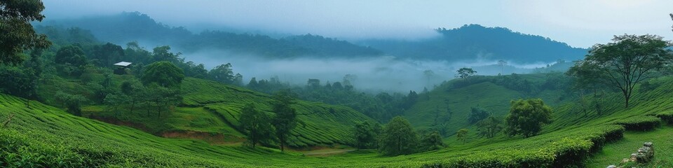 Obraz premium A lush green hillside with a misty fog rolling in from the mountains. The scene is serene and peaceful, with the mist adding a sense of mystery and tranquility to the landscape