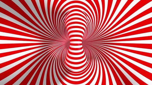 Candy Cane Red and White Donut 4K Loop features an abstract hypnotic animation with red and white striped lines with a handle shape in the center in a loop.