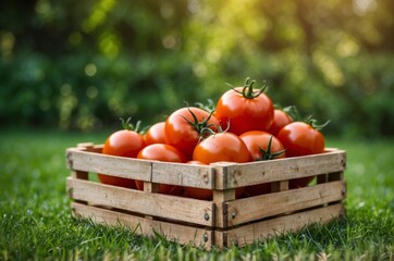 Freshly harvested ripe tomatoes arranged in a wooden crate on soft grass in a sunny garden during early afternoon light