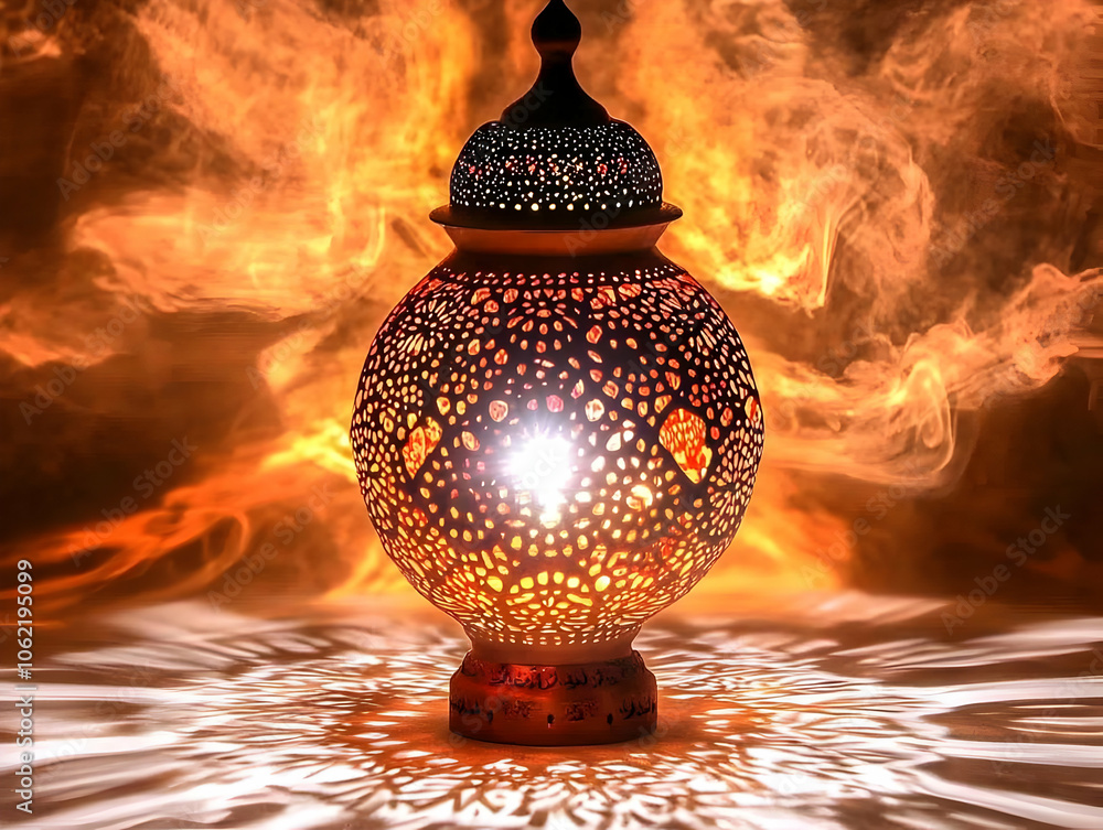Poster a decorative lantern casting intricate patterns against a fiery backdrop. ai image