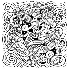 Auto Service cartoon vector illustration. Funny detailed composition with lot of Automotive objects and symbols