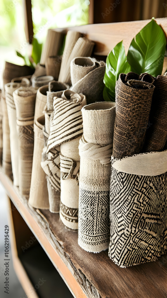 Poster a display of rolled textiles with intricate patterns and green leaves for decoration. ai image
