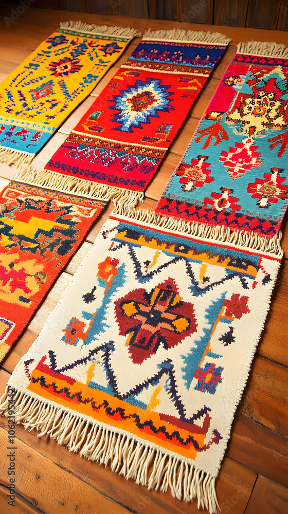 Poster a vibrant display of woven rugs featuring intricate patterns and colors. ai image