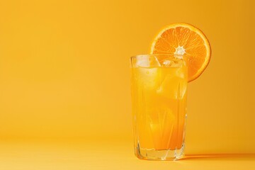 A Glass of Orange Juice with Ice and a Slice of Orange on a Yellow Background
