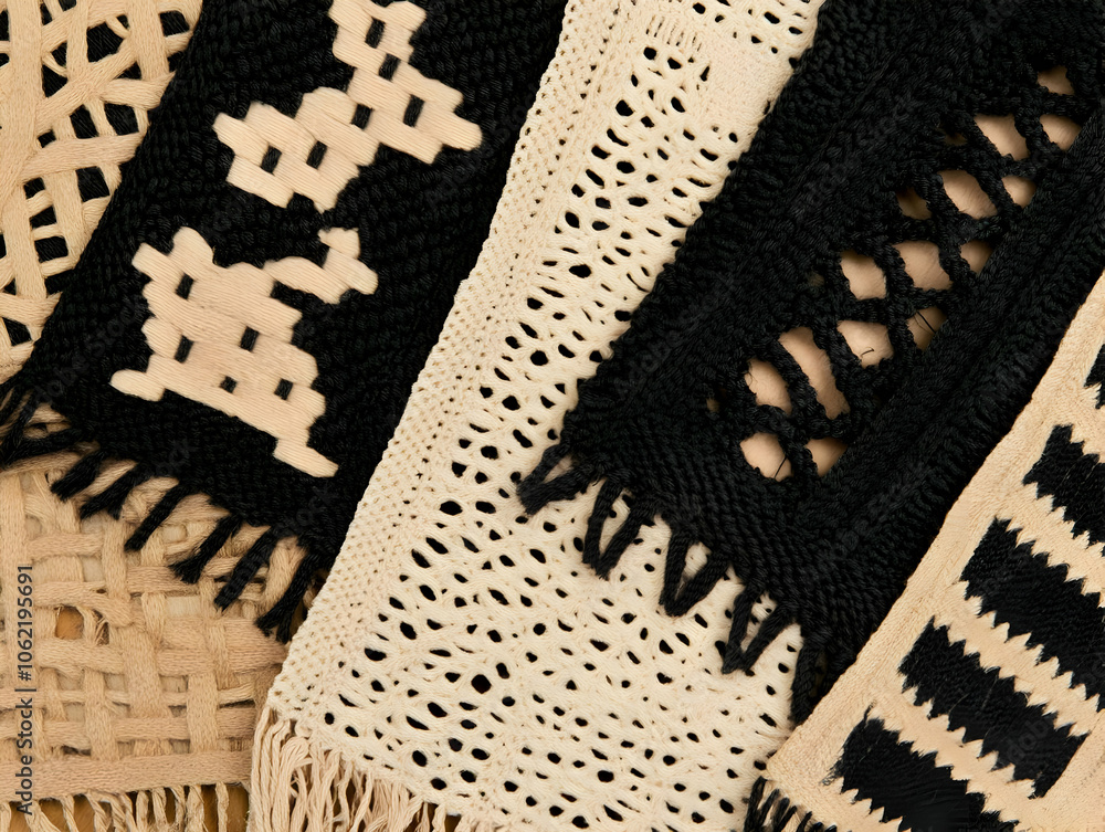 Poster a collection of woven textiles in black and beige featuring various patterns and textures. ai image