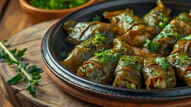 A plate of stuffed grape leaves garnished with herbs, showcasing a traditional dish.