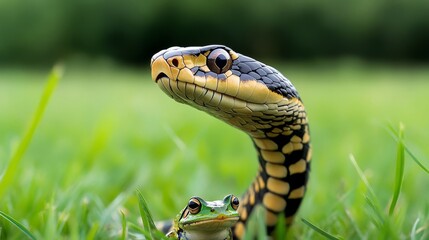 Fototapeta premium Cobra and the Frog: A king cobra swallows a frog in a grassy field.