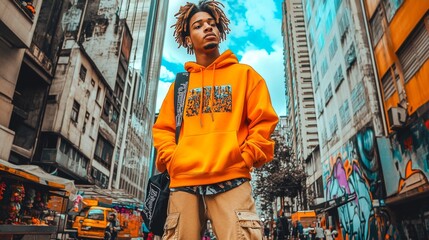 A young individual wearing bright clothing stands confidently amidst towering city buildings, showcasing urban fashion and cultural vibrancy in energetic surroundings.