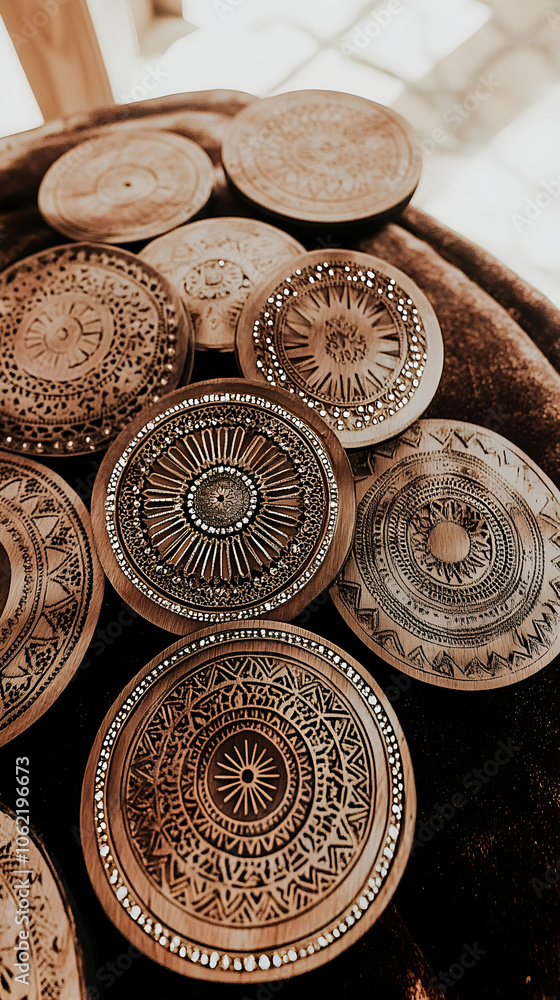 Aufkleber a collection of intricately designed circular wooden coasters with decorative patterns. ai image
