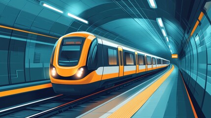 Naklejka premium A vibrant illustration of a subway train moving through a modern underground tunnel with bright lighting and sleek design