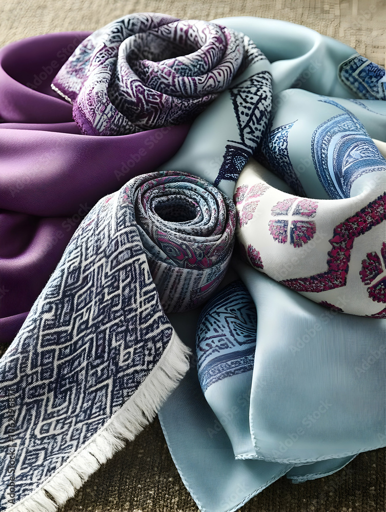 Poster a collection of elegantly folded scarves in various colors and patterns. ai image