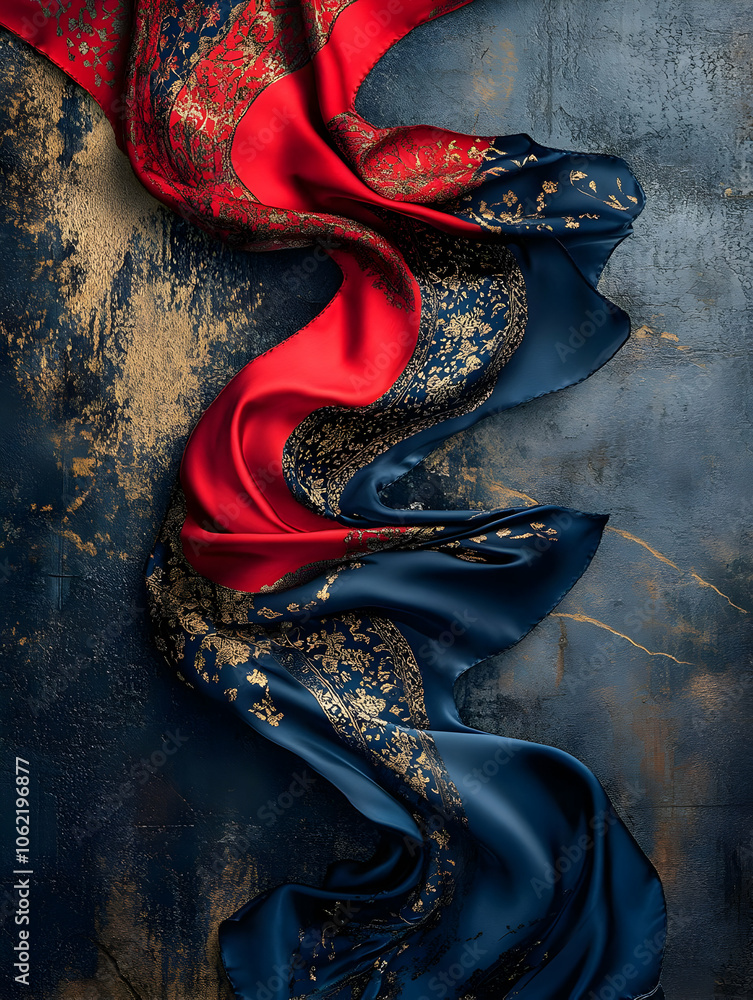 Poster elegant draped fabric showcasing rich colors and intricate patterns against a textured backdrop. ai 