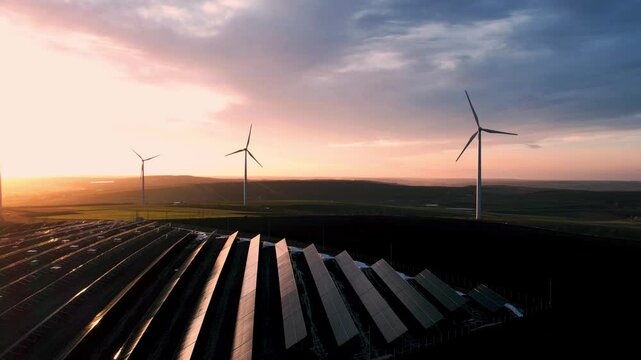 Green energy reduce carbon emissions and makes earth cleaner and more ecological.
Solar panels park and wind turbines at sunset.Windmill turbines generating green energy electric.