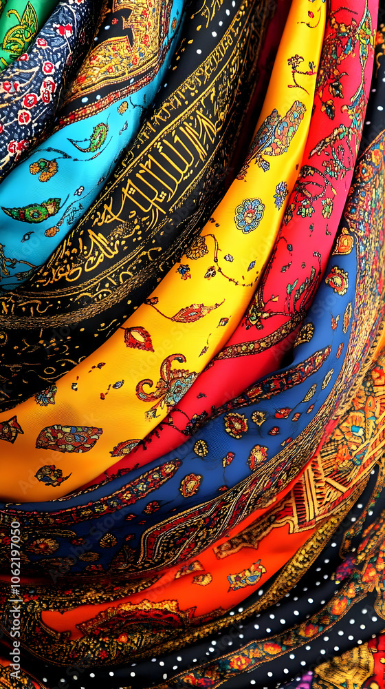 Poster a vibrant collection of patterned scarves arranged in a colorful display. ai image