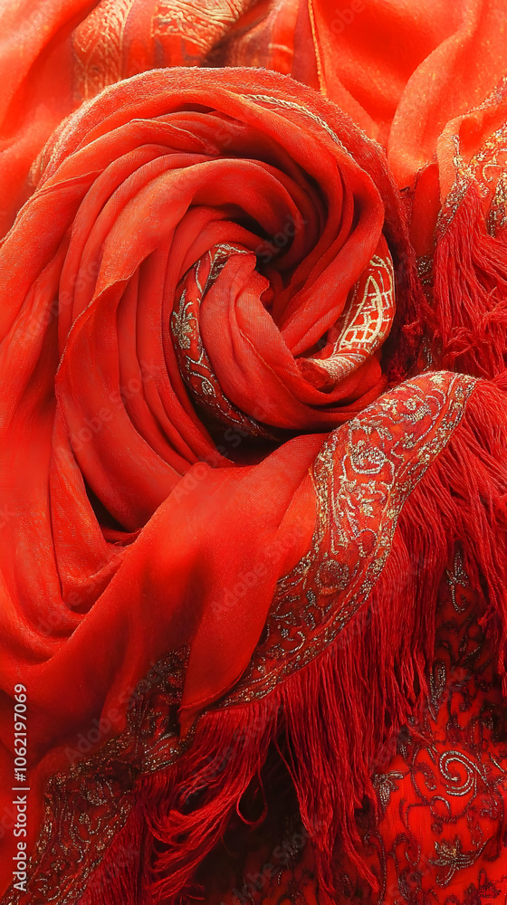 Poster a vibrant red scarf intricately designed with patterns and fringes. ai image