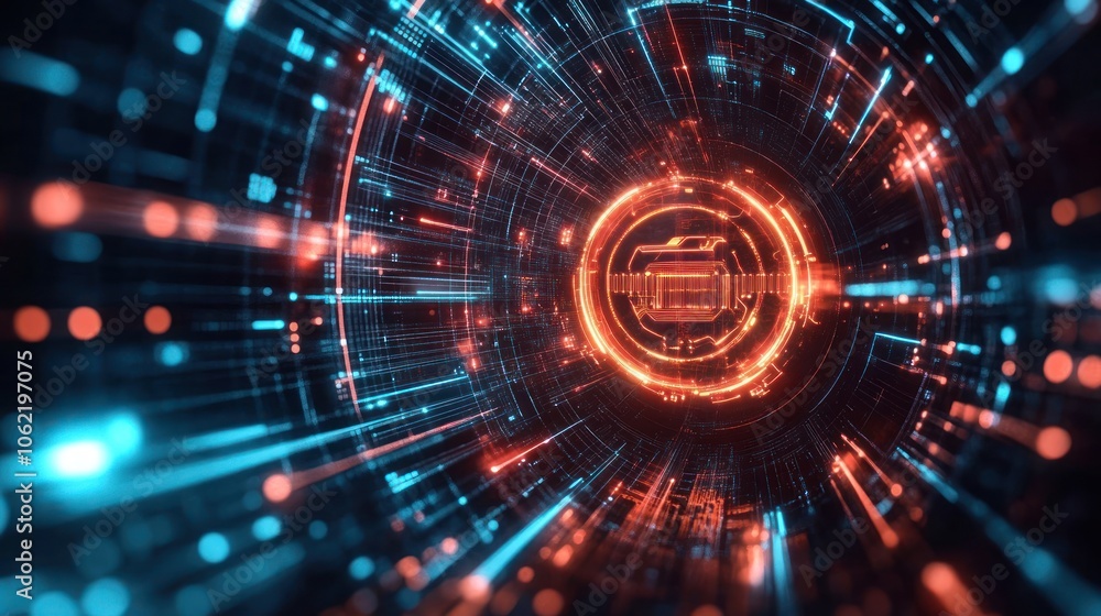 Poster abstract digital tunnel with glowing lines and circle