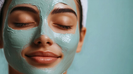 Fototapeta premium Young woman enjoying a calming green clay face mask at home in the evening