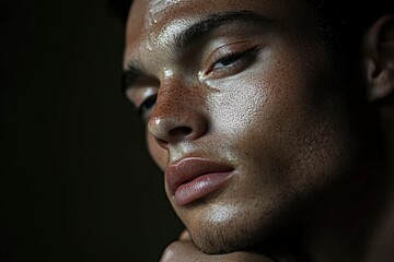 Obraz premium Close-up Portrait of a Man with Sweaty Skin and a Serious Expression